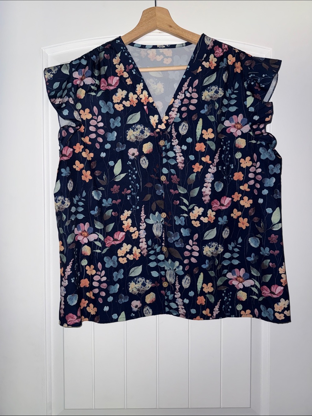 Navy Floral V-Neck Ruffle Sleeve Blouse